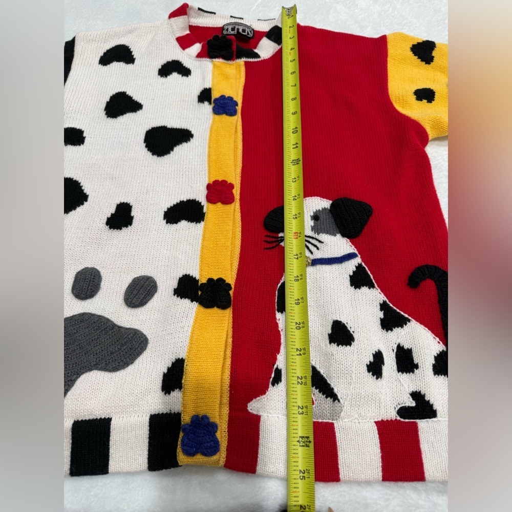 Vintage 90s Generra Dalmatian Dog Colorblock Chunky Knit Cardigan Sweater L - Picture 8 of 9